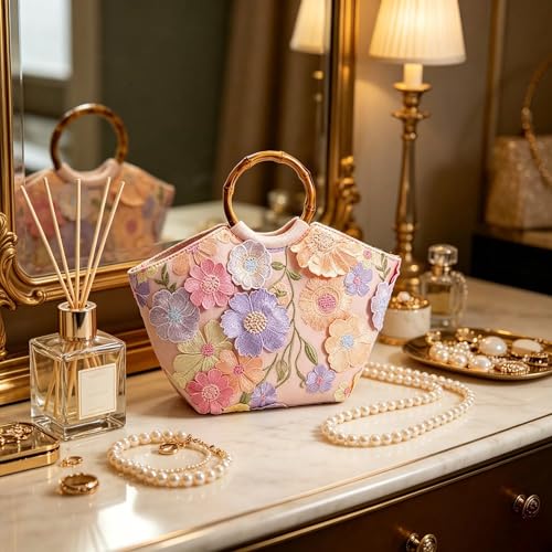 Bolso Tote con Mango de Bambú y Bordado 3D para Mujer miniatura 3