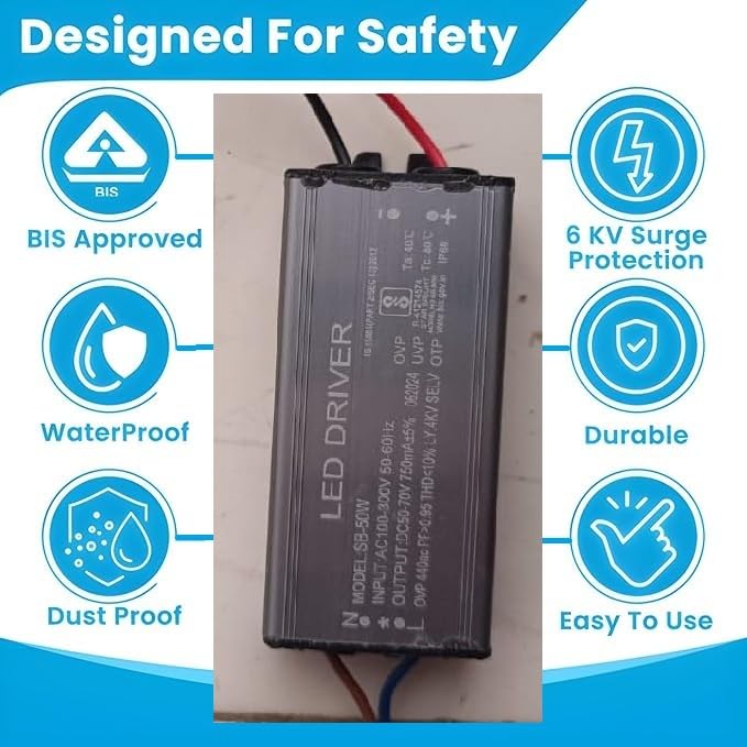 Image of 3 Quantity 50Watts, 750mA, LED Flood Light Driver, Input: AC 100V-300V, Output: DC 50V-70V, IP-65 Waterproof, BIS Approved (Pack of 3)