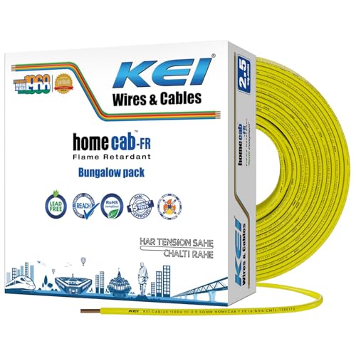 Image of KEI WIRES & CABLES Homecab 2.5 sqmm 1 Core 99.97% Pure Copper Conductor Flame Retardant House Wire PVC Insulated Cable for Domestic & Industrial Electrical Wiring (Yellow, 180 Meters)