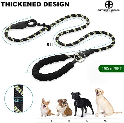 ARTISTRY Rope Dog Lead for Medium Dog, Strong Dog Leads for Large Dogs, Durable Dog Leash, Training Lead for Dogs with Soft Padded Handle, 5 FT Highly Reflective Dog Lead for Small Dog(Black/Green)