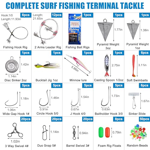 OROOTL Saltwater Fishing Gear Kit, 175pcs Surf Fishing Tackle Box Includes Saltwater Fishing Rigs Lures Swivels Hooks Pyramid Weights Sinker Slider Deep Sea Fishing Gear Accessories - Thumbnail 2