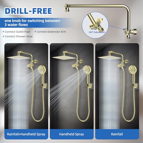 Image of 10 inch Metal Rainfall Shower Head with 10-Mode Handheld, Brushed Gold