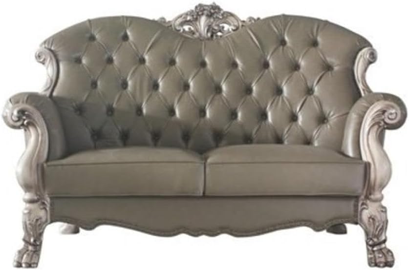 BOWERY HILL Traditional Loveseat with Pillows, 70" L x 37" D x 46" H, Vintage Bone White PU Upholstery, Button Tufted Backrest, Elaborate Wood Carvings, Elegant Living Room Seating
