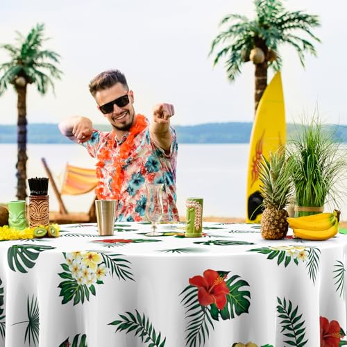 Image of Oudain 24 Pcs 84 inch Summer Round Hawaiian Tablecloths, Lagre Tropical Luau Plastic Table Covers with Palm Leaves & Hibiscus Flower, Aloha Tiki Beach Pool Party Decorations Supplies (White)