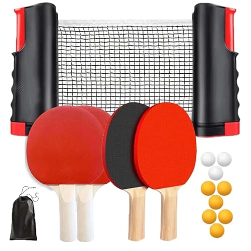 GOEDCH Juego de raquetas de ping pong con red: juego de 4 raquetas, red retráctil, 9 pelotas de ping pong y 1 bolsa de almacenamiento, juego de raquetas de ping pong para juegos de interior y exterior