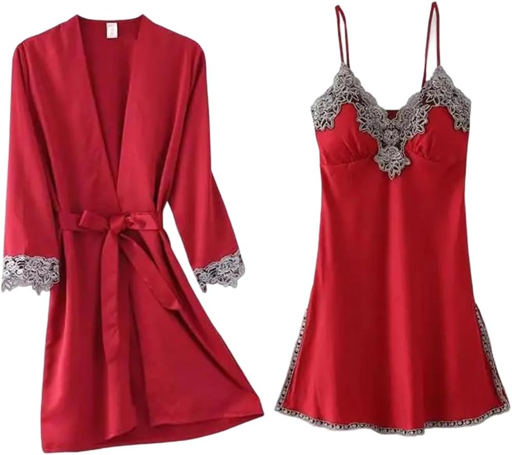 Women Satin Robe Set Sexy Sleepwear Kimono Bathrobe With Chest Pad Lace Nightgown Lingerie