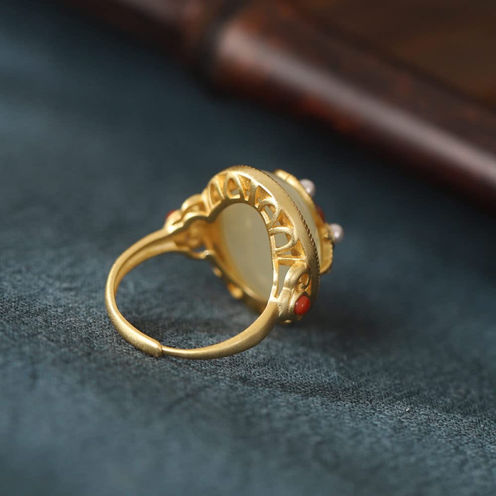 Anello Regolabile,Anello Regolabile per Donna Giada Hetian Ovale in Argento Sterling 925 Perle Impreziosite Agata retrò Placcato Oro Anelli Nocche in Pietra Naturale Matrimonio Gioielli per L'Etern
