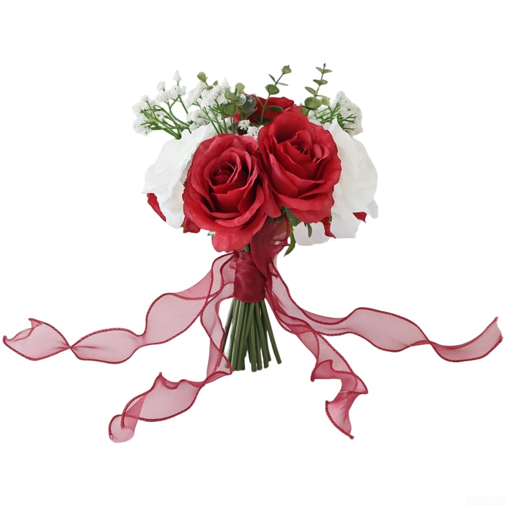 Bouquet da sposa realistico con rose in seta con fiocco – elegante decorazione per matrimoni per damigelle d'onore (stile 1)