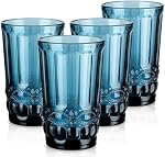 Joeyan Vintage Drinking Glasses Set of 4, 14oz Highball Glass Water Tumbler with Embossed Serpentine Pattern, Colored Tall Glassware Beverages Cups for Christmas Wedding Party Banquet, Blue
