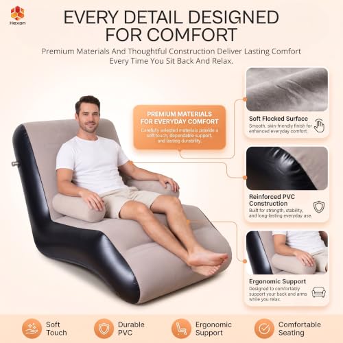 Image of Hexon Cultbuzz Inflatable Sofa Chair, PVC Flocking Lazy Recliner Air Sofa, Foldable 2-in-1 Lounge Bed with Armrests and Air Pump, Portable Indoor Outdoor Chair for Home Camping, Brown