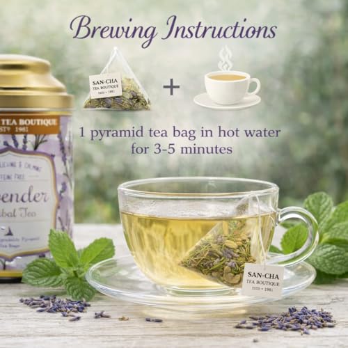 Image of Sancha Tea Boutique, Lavender Tea, Caffeine Free Herbal Tisane, 25 Pyramid Bags, Naturally Calming & Relaxing, Floral Herbal Infusion