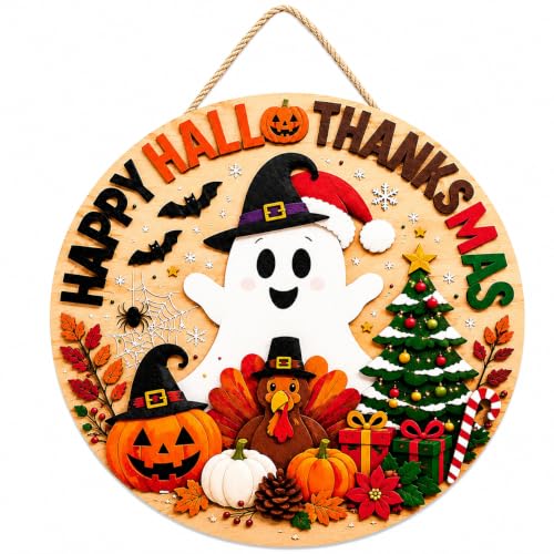 Image of Halloween Decorations - Happy Hallothanksmas Wooden Sign for Front Door