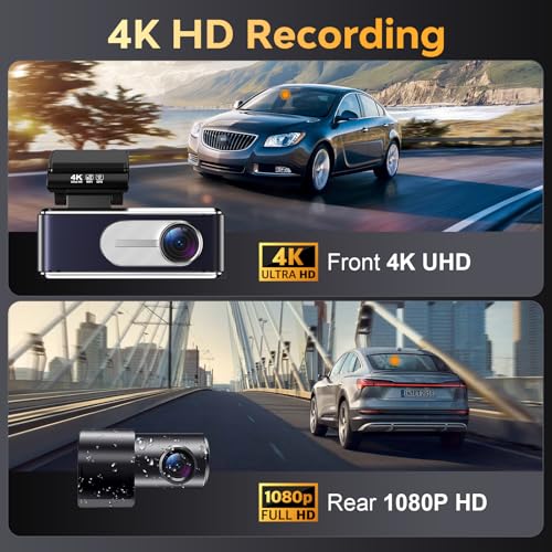 Image of Dash Cam Front and Rear - 4K HD Dual Dash Camera for Cars, Built-in 5G WiFi GPS, 64GB Card, Dashcam with 3.2 inch IPS Screen, UHD Night Vision, HDR, App Control, 24H Parking Monitor
