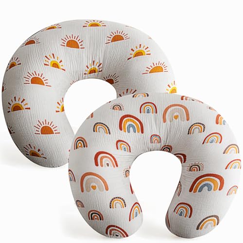 Image of 2 Pack Muslin Nursing Pillow Cover 100% Cotton Boho Neutral Stretchy Removable Baby Nursing Covers for Breastfeeding Pillows Soft Breathable Pillow Slipcover for Newborn Baby Boy or Girl (Boho)