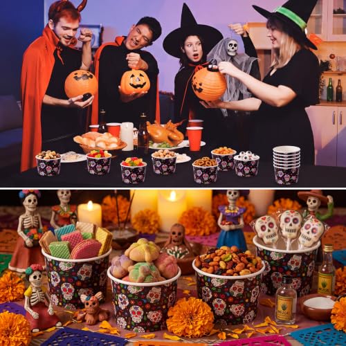 Image of Funnymoom 50 Pack Day of the Dead Paper Ice Cream Cups 9 oz Sugar Skull Disposable Dessert Bowls Soup Bowls Dia De Los Muertos Treat Snack Cups for Hot or Cold Food Halloween Mexican Party Supplies