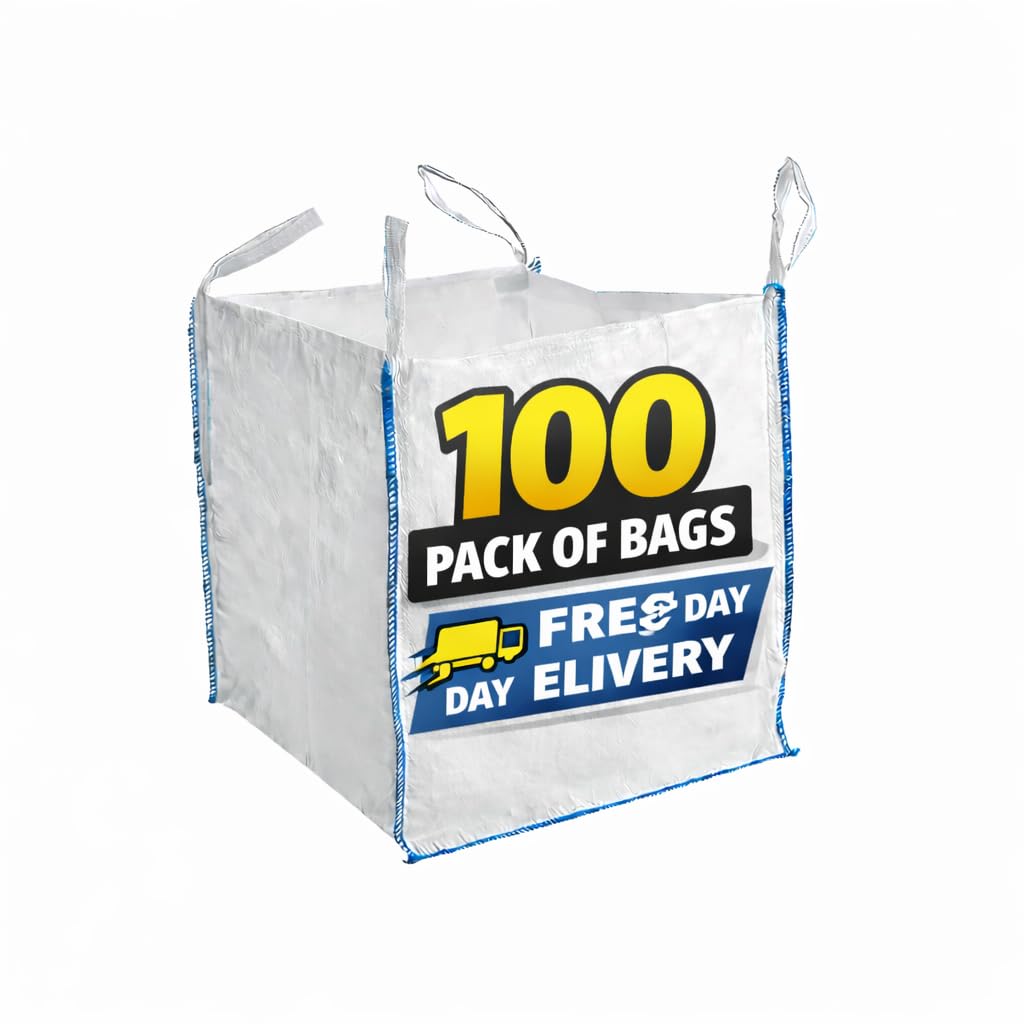100 Pack Heavy Duty 1 Tonne Bulk Bags – Commercial Builders Dumpy Bags 85x85x85cm with Reinforced Lifting Loops – Industrial FIBC Jumbo Sacks for Aggregates, Rubble, Sand, Soil, Garden Waste Construct