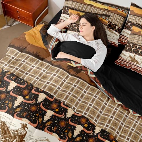 Image of Horse Decor Western 7 Piece Comforter Set Full Bed in a Bag Cow Skull Bedding Sets Cowboys Geometric Aztec Comforter and Sheet Set,Bull Longhorn Skull Bed Sets,Rustic Buffalo Plaid Farmhouse Decor