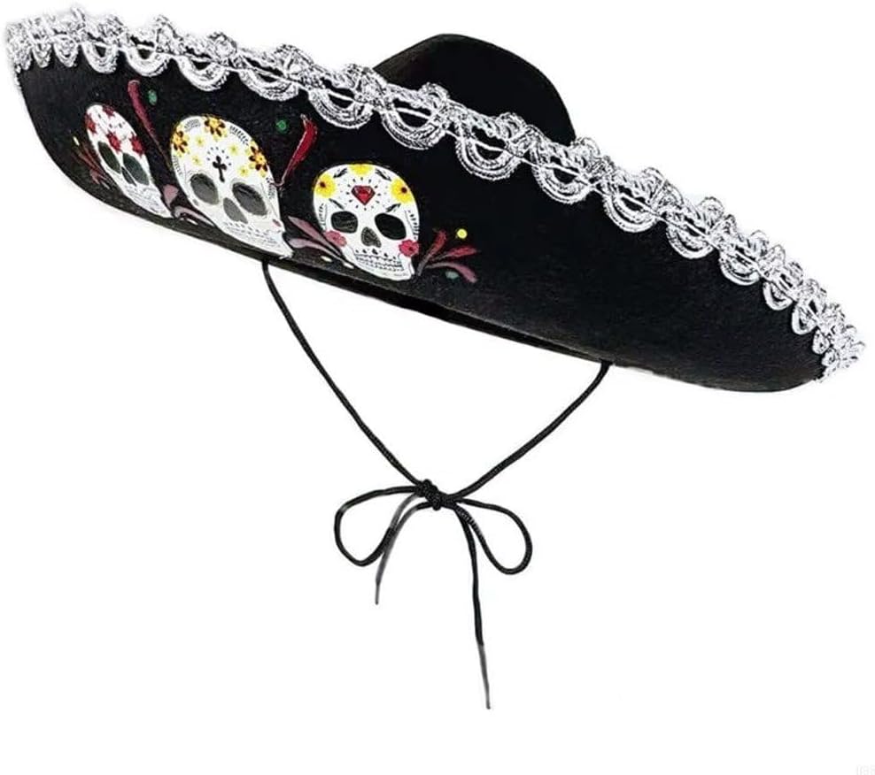 Mexican Sombrero Hat Skull Hat Fancy Dress Hat with Silver Trim for Cinco De Mayo Halloween Mexican Fiesta Costume Accessories