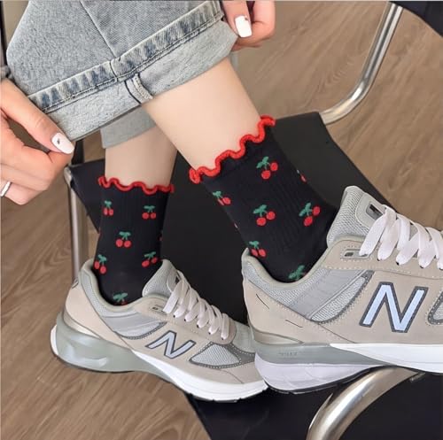 Image of Women's Cute Crew Socks, Casual Athletic Cotton Bowknot Cherry Calf Novelty Socks for Women