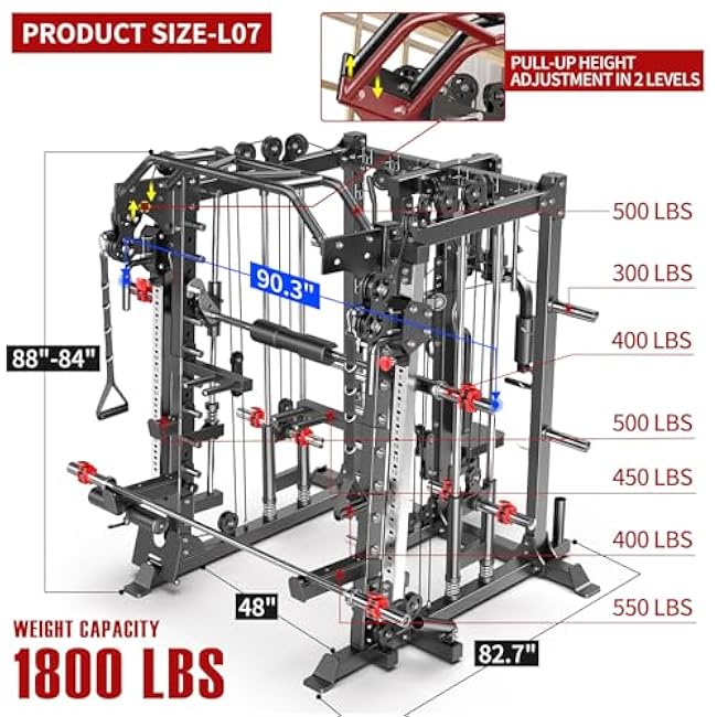 Smith Machine with Cable Crossover System, Multi-Function Squat Rack Power Cage for Home Gym, Power Rack and Packages Weight Sets