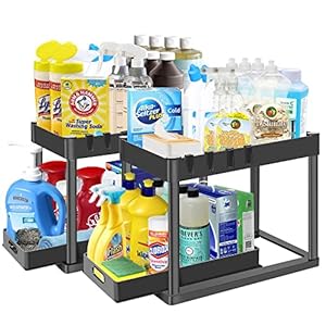 POUGNY 2PC Under Sink Organizer Rack 2 Tier Under Sliding Cabinet Basket Organizer Drawer with 4 Hooks, Multi-purpose Under Sink Storage for Bathroom Kitchen Desktop(Black)