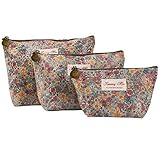 HOYOFO Cosmetic Bags Pack of 3 Makeup Bag for Purse Travel Zipper Pouch for Women Floral Organizer Bag, Beige Flower