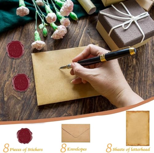 Zhenghebuy Vintage-papier Umschläge Briefpapier Set,24 Stück Vintage Kraftpapier mit 8 Kraftpapier Umschläge,8 Briefpapier und 8 Wachssiegel-aufkleber Liebesbrief für Hochzeit,Geburtstag