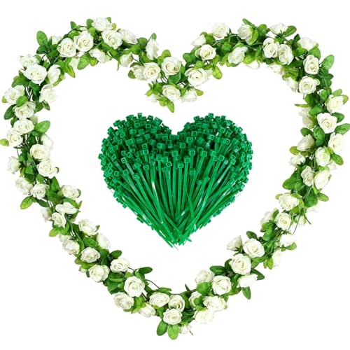 ZenyTra Lot de 3 guirlandes de roses blanches artificielles de 230 cm avec 126 fleurs et 20 ficelles pour décoration de mariage, fleurs de 4 cm de diamètre,...