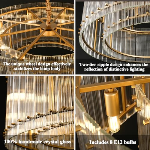 Image of 37 inch Modern Gold Round Chandelier,2-Tier 8-Light Water Ripple Crystal Glass Chandeliers,for Dining Room,Living Room,Bedroom,High Ceiling,Foyer Entryway,Luxury Chandelier