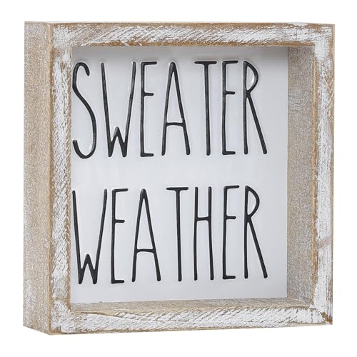 Image of Embossed Sweater Weather Sign, Rustic Fall Decorations for Home, Fall Centerpieces for Table Cubicle Desk Mantel Fireplace, Autumn Tiered Tray Decor
