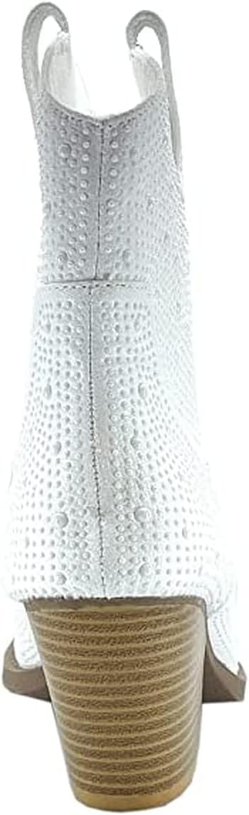 Women's Rhinestone Block Heel Ankle Boots River-01 By Forever White 6 - Image 6