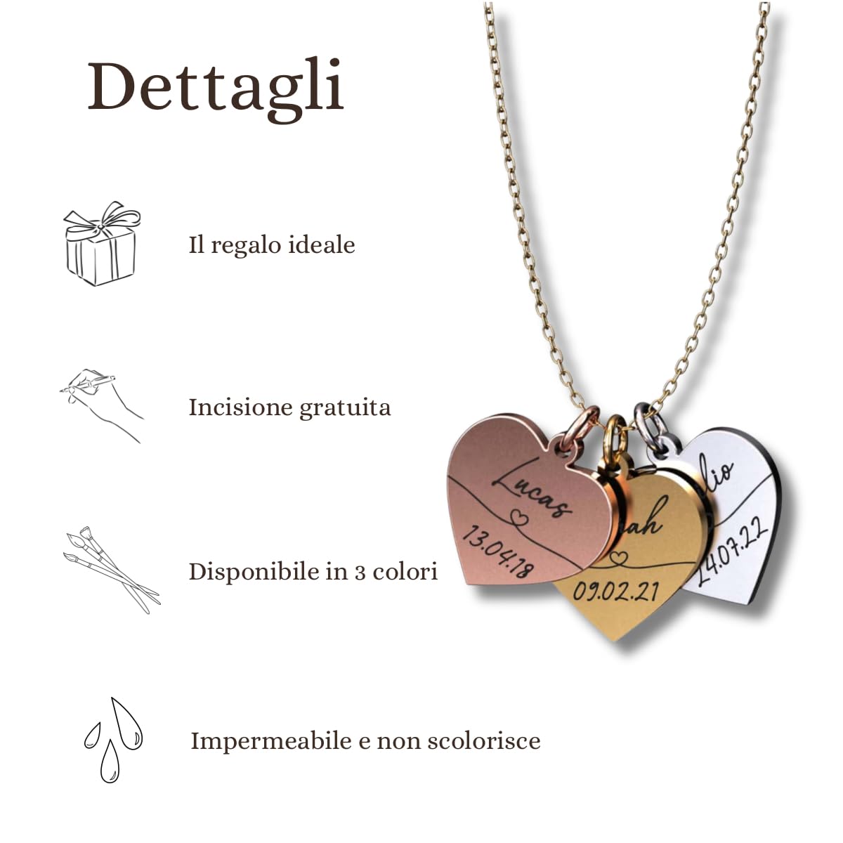 Generico Collana personalizzata con incisione | Cuori con nomi e date di nascita dei bambini | Regalo per mamma | Oro, Argento, Oro rosa | Acciaio inox impermeabile | Made in Germany