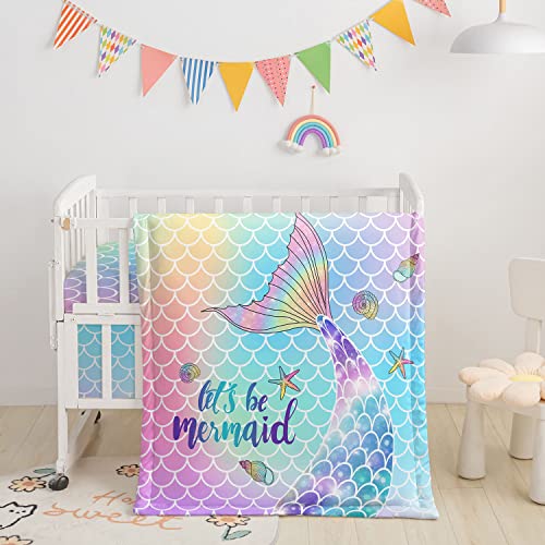 Datura Home 3pcs Nursery Crib Bedding Set with Comforter, Sheet & Skirt, Watercolor Butterfly Printed Nursery Bedding for Baby Boys and Girls (Rainbow Mermaid)