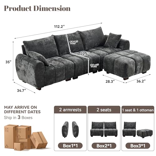 Image of 112 inch Mid Century Modern L Shaped Couch, 3 Seater Modular Sectional Sofa with Movable Ottoman, Deep Seat and Solid Wood Legs, Cloud Couch for Living Room, Chenille Tufted Sofa, Grey