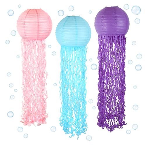 12 Inch Jellyfish Paper Lanterns, Mermaid Wishes Hanging Paper Lanterns in Blue/Purple/Pink, 3pcs Ocean Themed Decors for Baby Shower Birthday Party