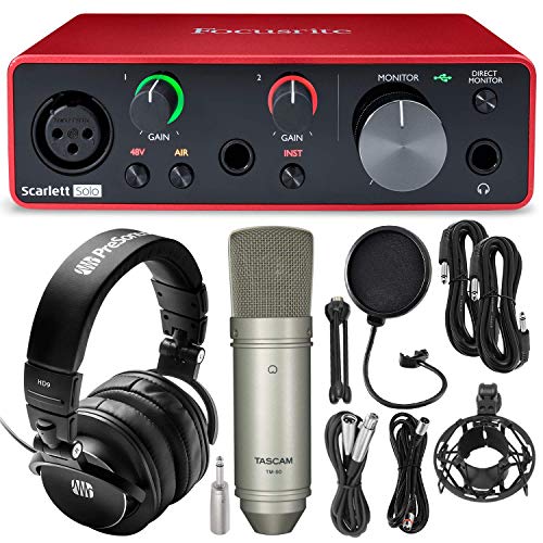 Focusrite Scarlett Solo USB Audio Interface (3nd Generation) + Tascam TM-80 Studio Condenser Microphone, PreSonus HD9 Professional Over-Ear Monitoring Headphones & Professional Accessories