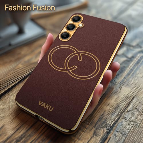 Image of Vaku Luxos Skylar Back Cover Case for Samsung Galaxy A14 5G with Leather Pattern Design Gold Electroplated Soft TPU Cover| Shockproof Protective Case - Brown