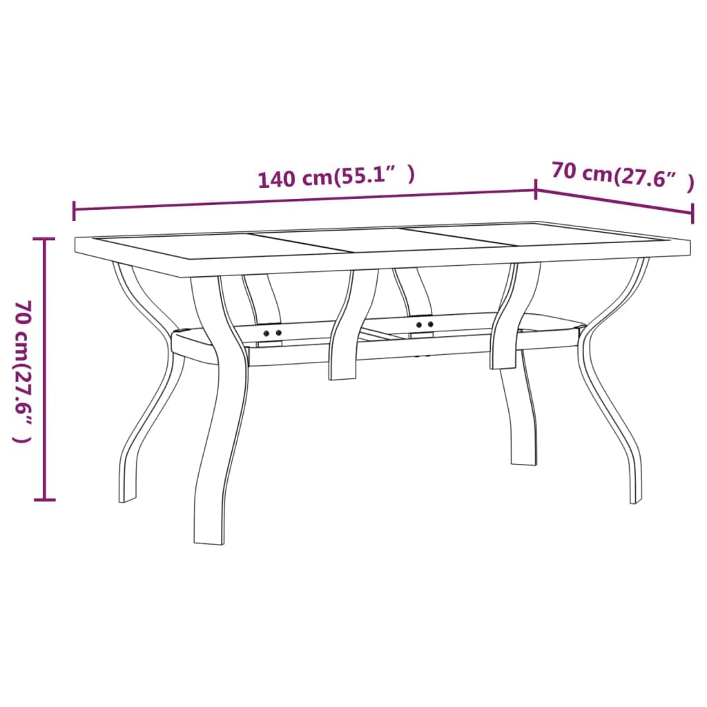 Tavolo da giardino marrone e nero, 140 x 70 x 70 cm, in acciaio e vetro, per terrazza, balcone, tavolino da pranzo, resistente alle intemperie, facile da pulire, stabile, per esterni