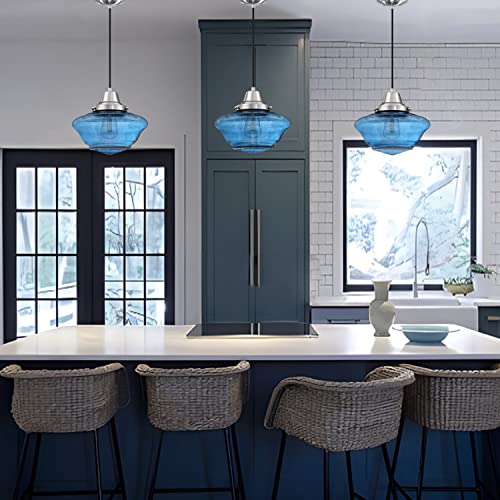 Dolaimi House 1 Light Hanging Indoor Kitchen Island Pendant Lights 8.66" Seeded Ancient Blue Glass Pendant Ceiling Light Fixtures Brushed Nickel Finish Modern Farmhouse Dinning Over Sink #TOP4