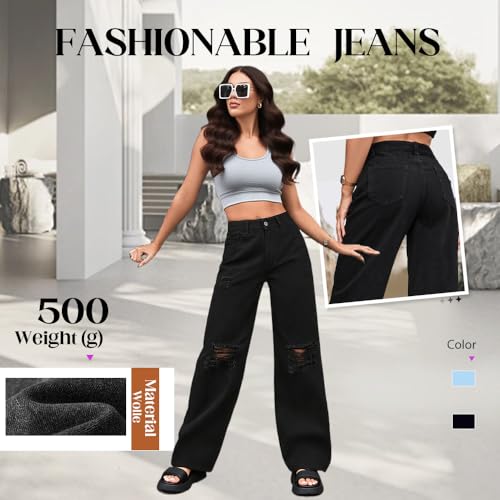 Women's Ripped Knees Baggy Jeans, High Waist Wide Leg Denim Pants Trendy Casual Jeans Loose Boyfriends Denim Pant3