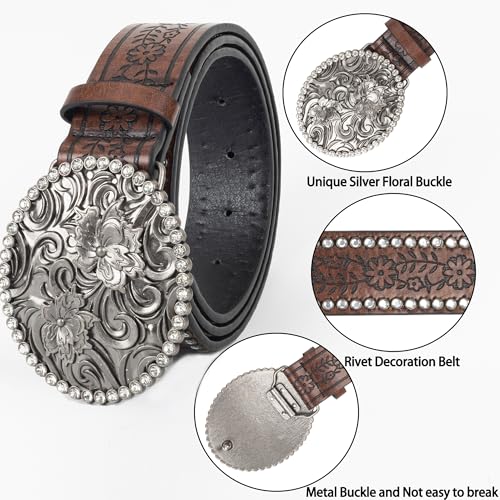 Women-Western-Cowboy-Belt Bling Rhinestone Buckle Cowgirl Belt PU Leather Belt for Jeans Pants(for 28-38'')3