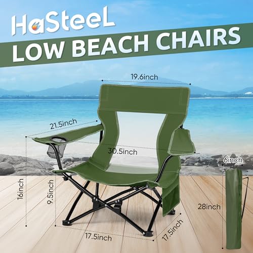 Image of HaSteeL Folding Beach Chair Set of 2, Foldable Green Camping Chairs for Outside, Low Beach Chair Portable for Adults Fishing, Picnic, Outdoor BBQ, Travel, Sports, Cup Holder & Storage Bag