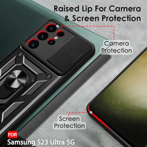 Image of TheGiftKart Tough Armor Bumper Back Cover Case for Samsung Galaxy S23 Ultra 5G | Kickstand & Ring Holder | 360 Protection Back Case for Samsung S23 Ultra 5G (PC & TPU, Sliding Camera Cover, Black)
