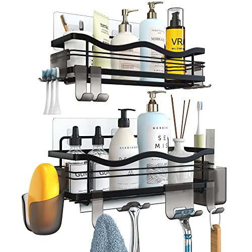 OETAMS Etagere Douche 2 Pièces Auto-AdhéSif Rangement Douche Sans Percage Etagere Murale Salle de Bain Porte Shampoing Ddouche Inox Avec Serviteur de Douche mit 10 Crochets Noir
