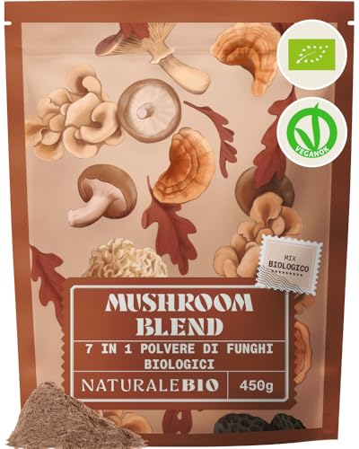 NaturaleBio Miscela di funghi in polvere 450g. Aumenta l'energia, favorisce la concentrazione, supporta l'intestino e il sistema immunitario. Bio, vegano, senza glutine e non OGM. Facile da consumare.