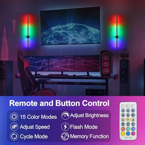 Image of RGB LED Wall Sconces Set of Two with Remote, 15 Color Modes, Dimming, DIY 180 Rotate, Black Plug in Wall Sconces with Warm Light, Dynamic Multicolor Ambience Lights, Plug in Wall Light, 23.6 Inches