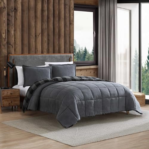 Image of Eddie Bauer - Twin Comforter Set, Microsuede Bedding with Soft Plush Faux Shearling Reverse, 2 Piece Bed Set with Matching Pillowcase (Cabin Plaid Grey)