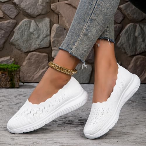 Women's Walking Shoes Slip-on Loafer Mesh Casual Ballet Flat Nurse Sneakers Knit Round Toe Casual Memory Foam Shoes White Size 7.5