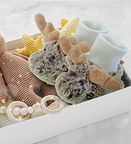 Dollibu Brown Moose Soft Plush Baby Shoes - Soft & Fluffy Wild Life Fleece Unisex Footwear With Stuffed Animal Moose For Baby Boy Or Girl - Fuzzy Indoor Slipper, Winter Foot Warmer - One Size #TOP4