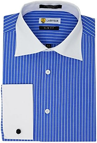 Labiyeur Men's Slim Fit French Cuff Striped Dress Shirt 15.5 | 34-35 Blue/Blue/White Stripes